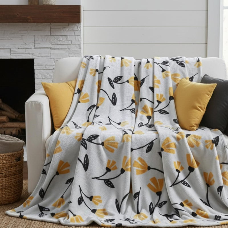 DaDa Bedding Floral Fleece Throw Blanket - Soft Faux Mink Flannel with Yellow Orange Tulips on Grey - Cozy & Elegant Home Decor - 63" x 90" - Image 1